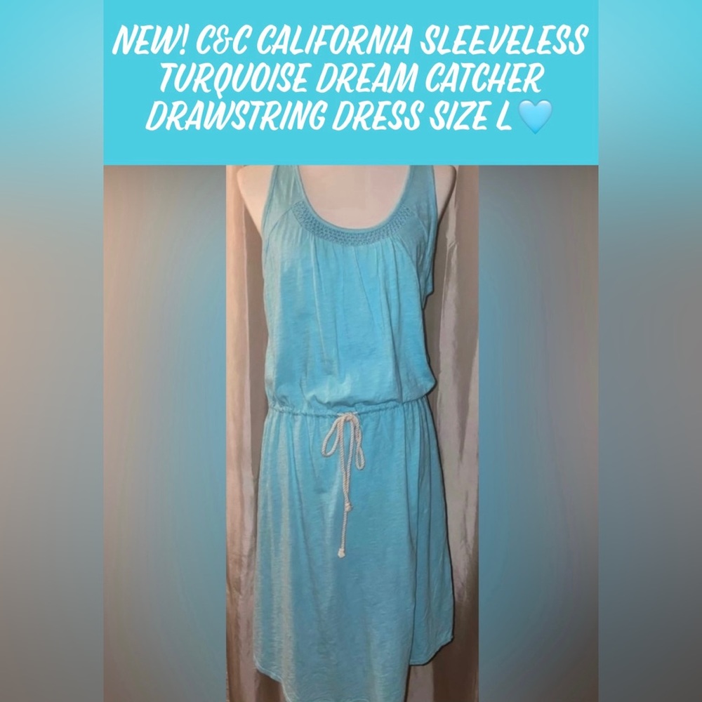 New! C&C California Sleeveless Turquoise Dream Catcher Drawstring Dress Size L🩵